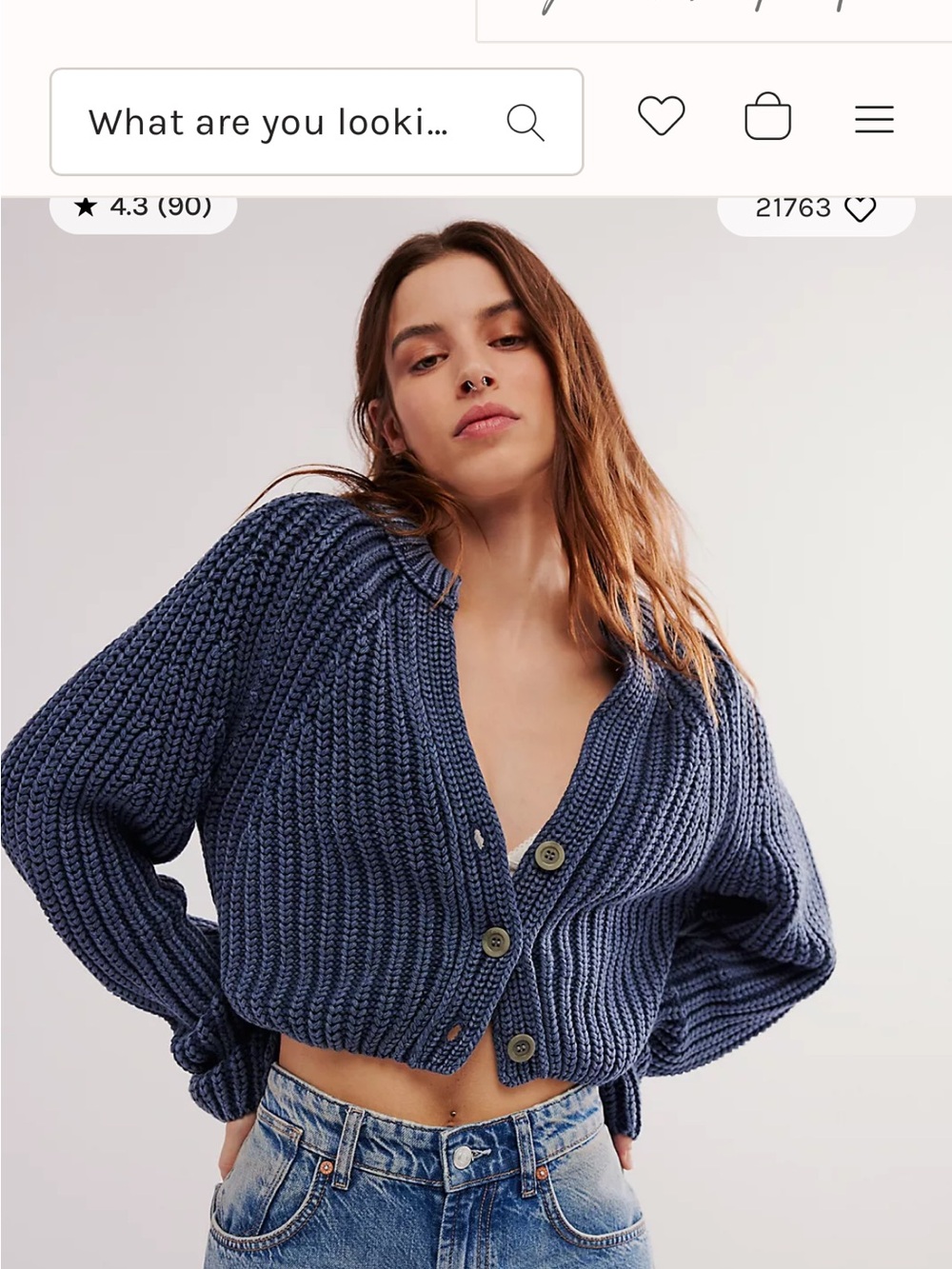 Free People Sweet Nothing Chunky Knit Cropped Cardigan - Navy Blue.  Brand new
